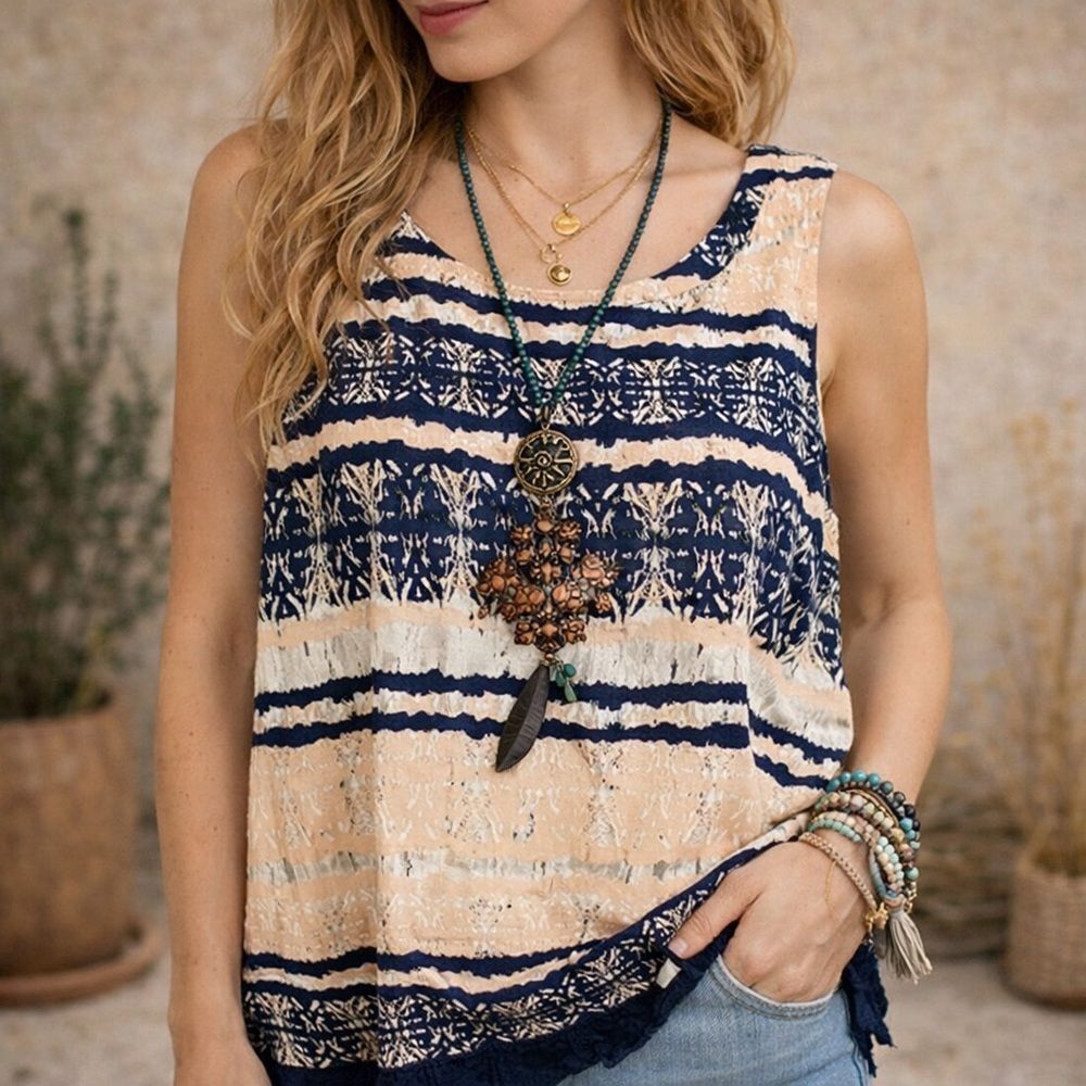 A.N.A A New Aproach Boho Sleeveless Tank Top XL Tribal Print Bohemian Blouse